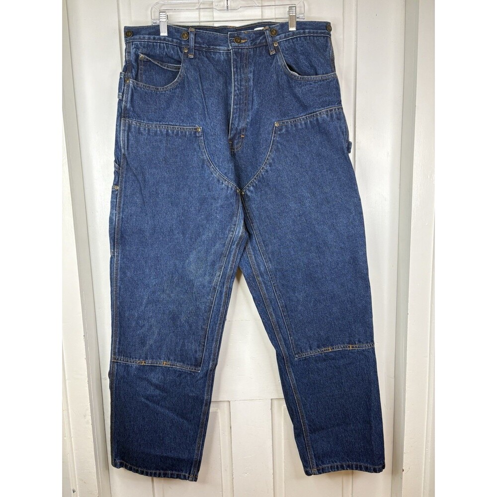 Berne Double Front Work Utility Logger Jeans Suspender Buttons Blue Denim 38x32